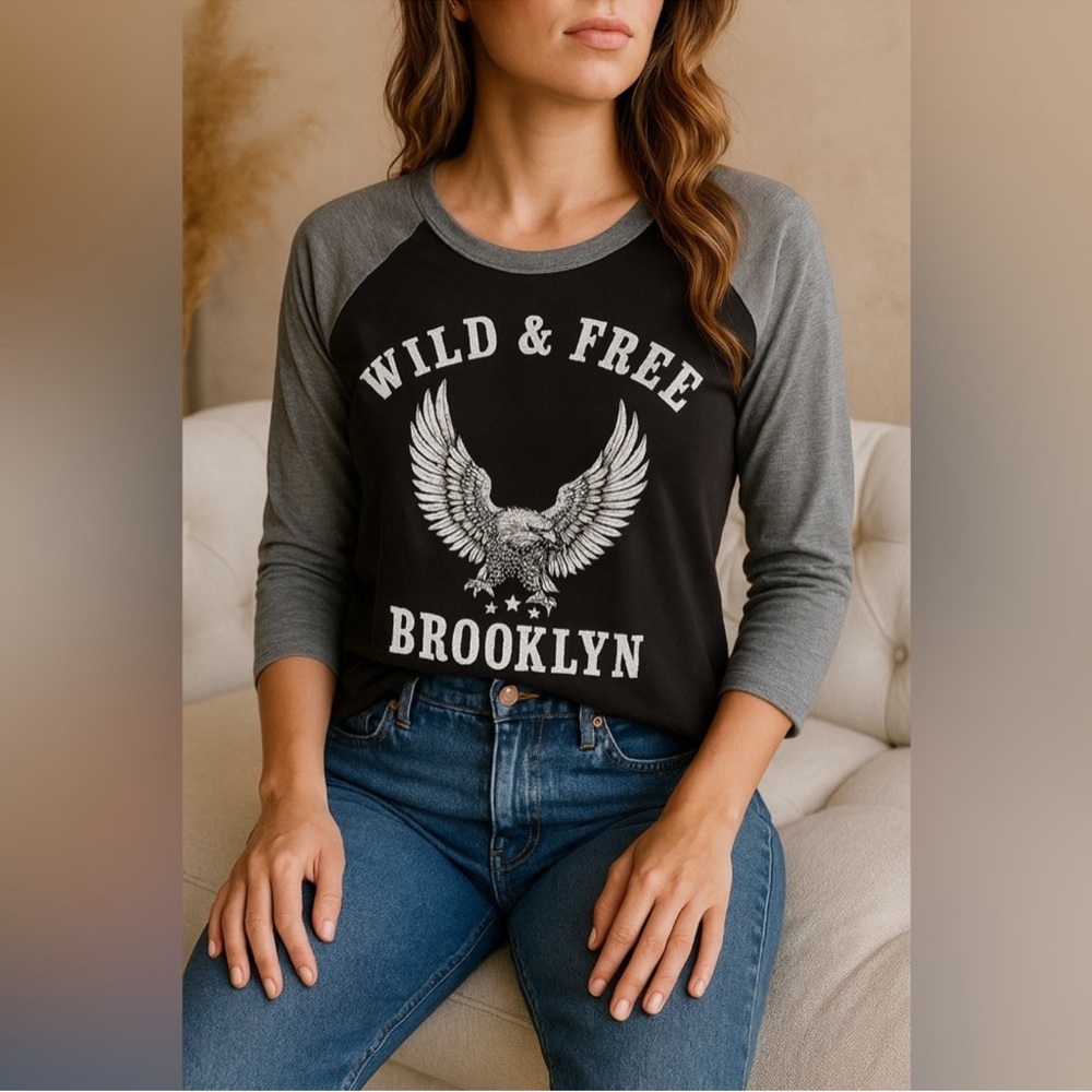 EUC Chaser Black & Gray "Wild & Free Brooklyn" Eagle Graphic Raglan Tee - Size M